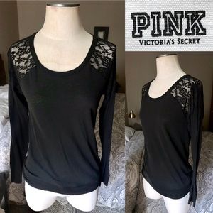 ❌SOLD❌ EUC! VS Pink Black Lace Shoulder Tee